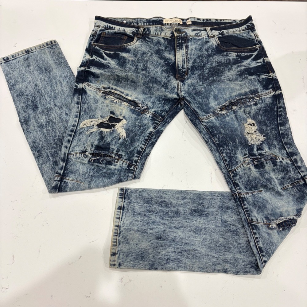 Evolution In Design Mens Acid Wash Distressed Moto Jeans Blue 40x34 Streetwear